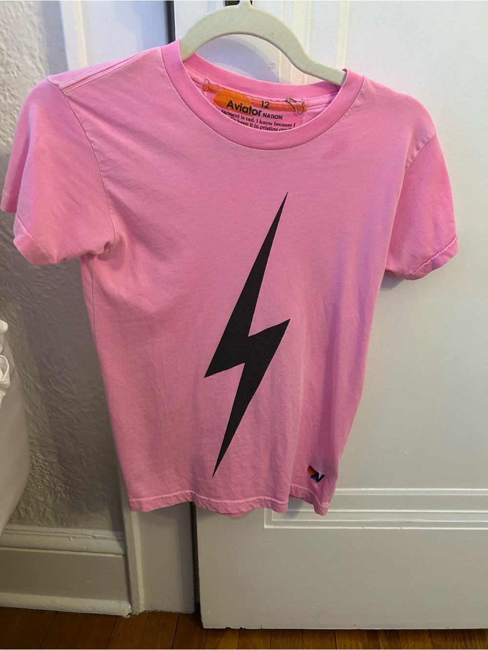 Aviator Nation Pink Tee with Black Lightning Bolt Graphic